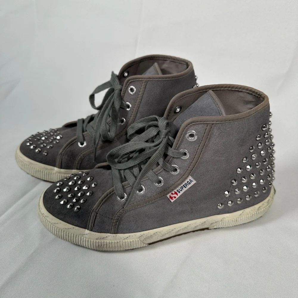 Superga Gray Suede Leather With Silver Studs, Grunge Black Smudged Sole